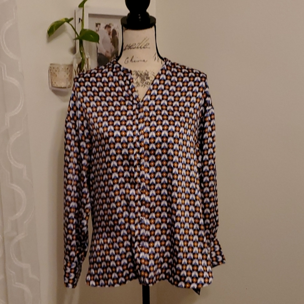 Zara blue and brown long sleeve button down blouse